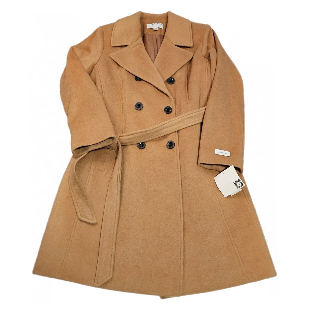 Anne Klein Cashmere Wool Blend Camel Double-Breasted Belted Trench Coat - Picture 8 of 16